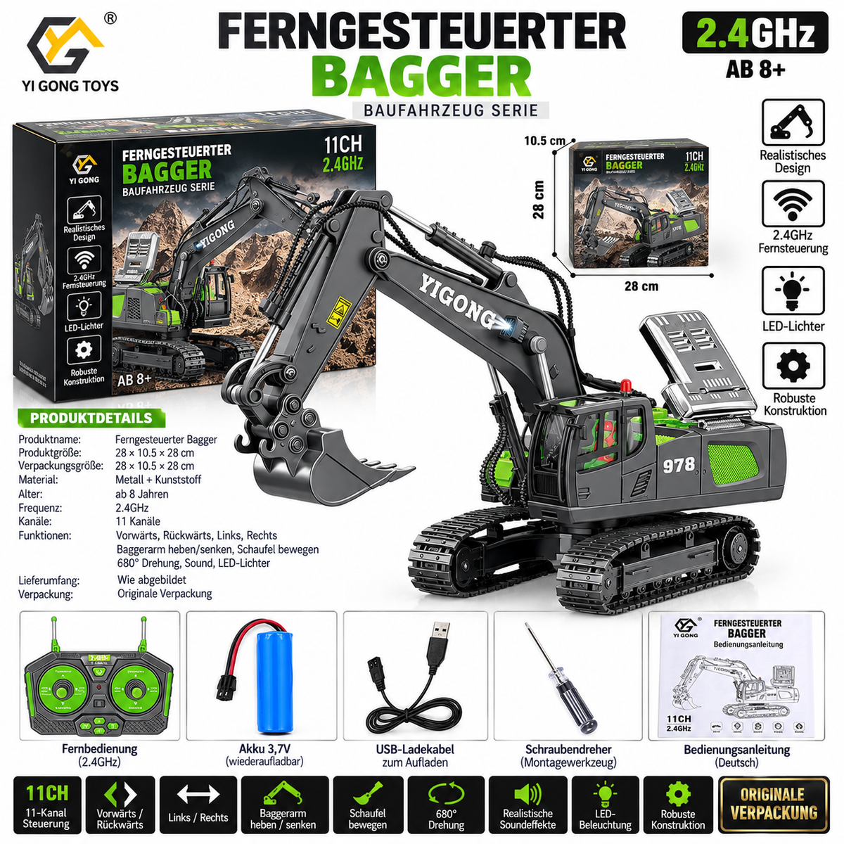 Grau-grüner ferngesteuerter Bagger mit Kennzeichnung 978 und 11-Kanal-Fernbedienung