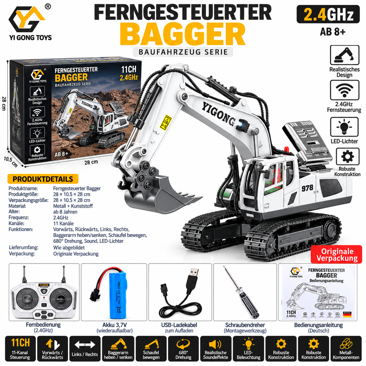 Weiß-grauer ferngesteuerter Bagger mit Kennzeichnung 978 und 11-Kanal-Fernbedienung