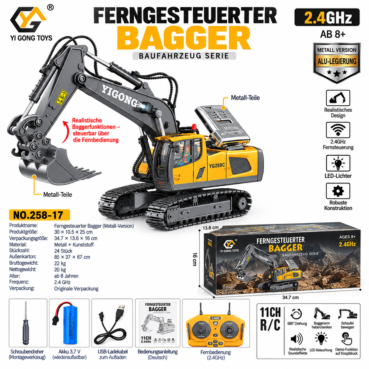 Gelb-grauer ferngesteuerter Bagger 258-17 Metall-Version mit 11-Kanal-Fernbedienung