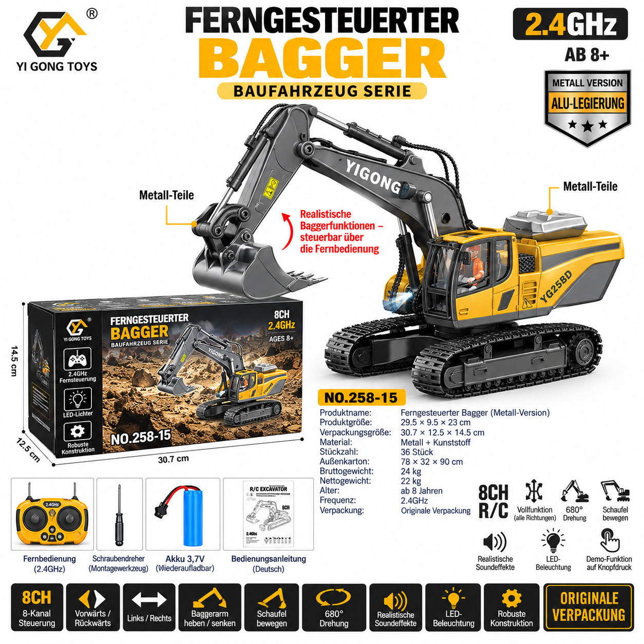 Gelb-grauer ferngesteuerter Bagger 258-15 Metall-Version mit 8-Kanal-Fernbedienung