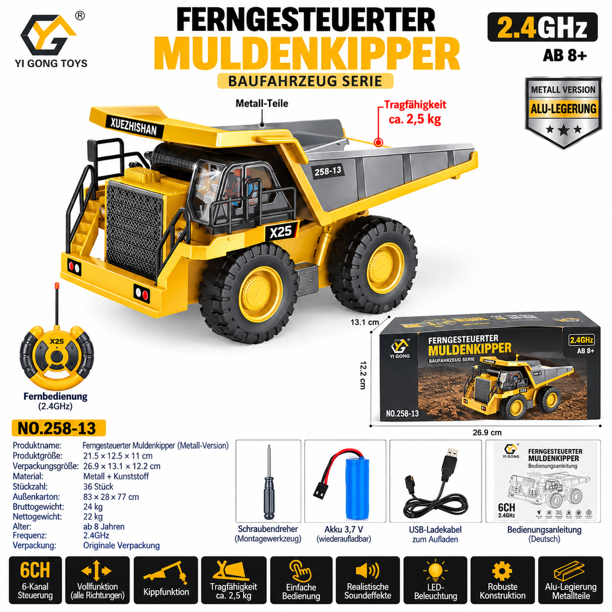 Gelb-grauer RC-Muldenkipper 258-13 Metall-Version mit runder 6-Kanal-Fernbedienung und Zubehör