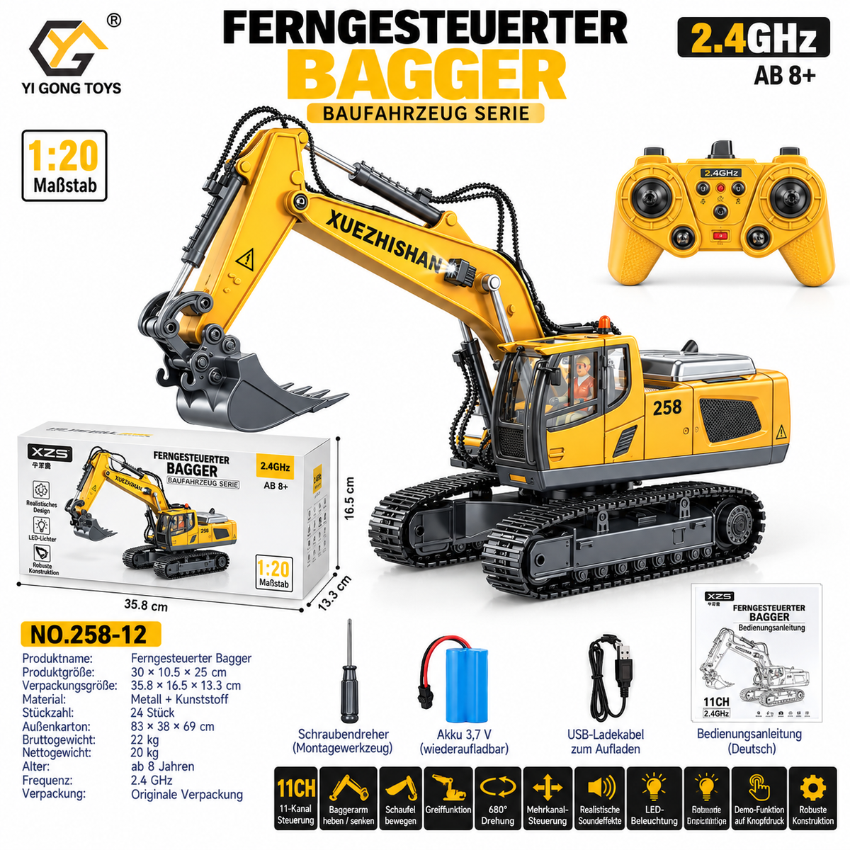 Gelb-grauer ferngesteuerter Bagger 258-12 im Maßstab 1:20 mit Fernbedienung und Zubehör