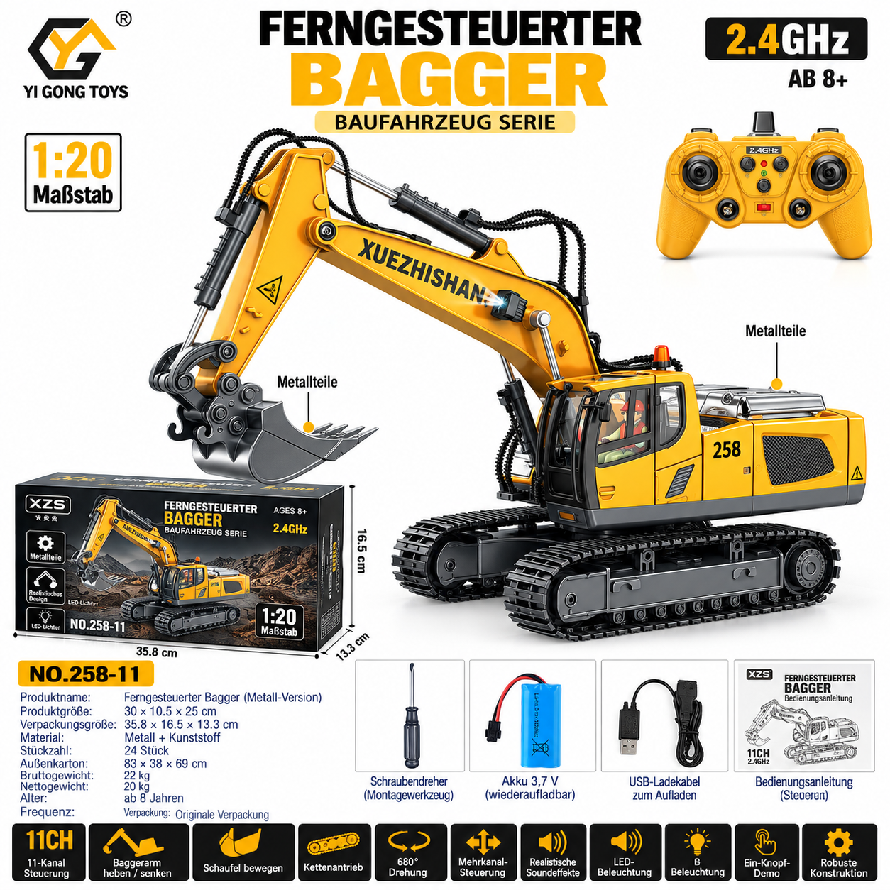 Gelb-grauer RC-Bagger 258-11 Metall-Version im Maßstab 1:20 mit Fernbedienung und Zubehör