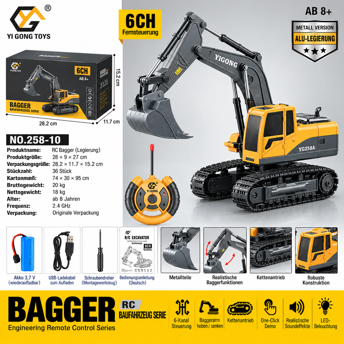 Gelb-grauer RC-Bagger YG258A Metall-Version mit 6 Kanälen und runder Fernbedienung