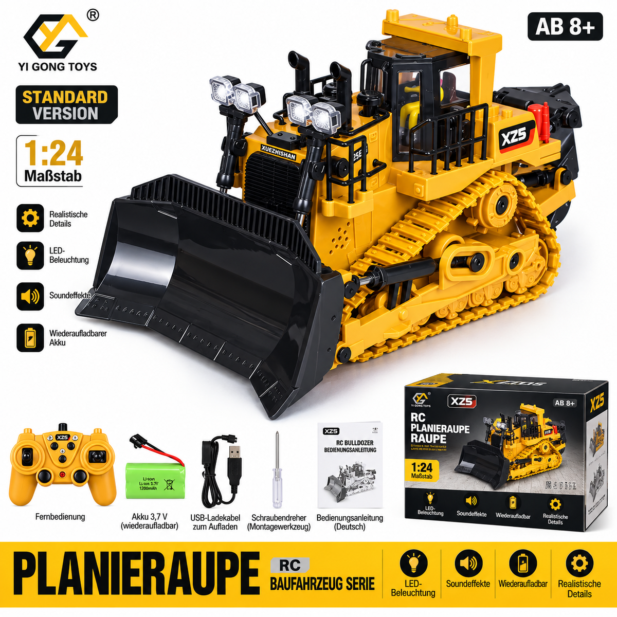 Gelb-schwarze ferngesteuerte Planierraupe Standard-Version mit schwarzem Räumschild im Maßstab 1:24