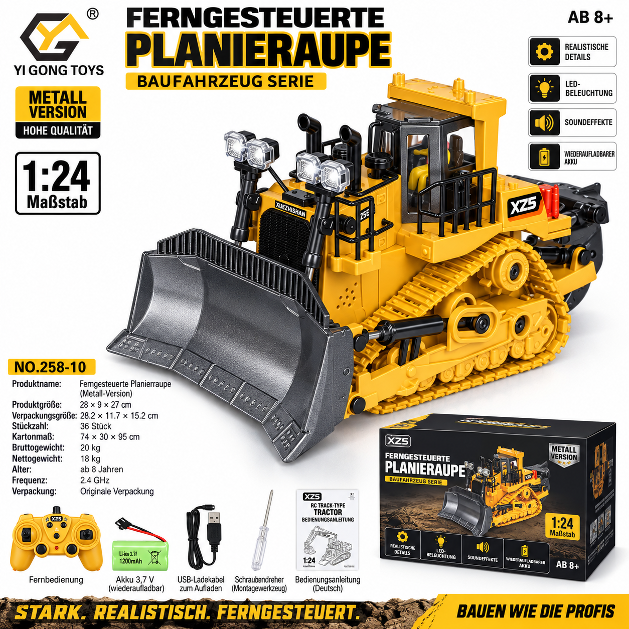 Gelb-schwarze ferngesteuerte Planierraupe Metall-Version mit grauem Räumschild im Maßstab 1:24