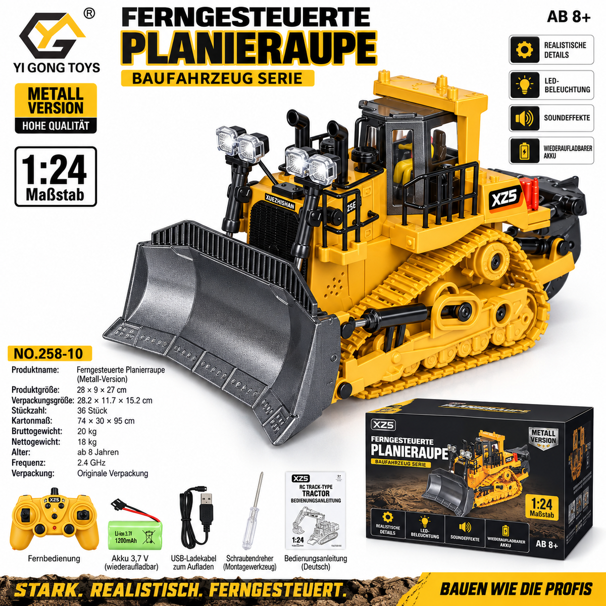 Gelb-schwarze ferngesteuerte Planierraupe Metall-Version mit grauem Räumschild im Maßstab 1:24