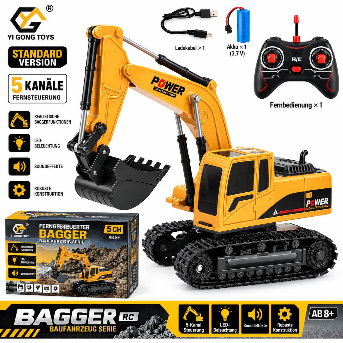 Gelb-schwarzer RC-Bagger Standard-Version mit 5 Kanälen und schwarzer Schaufel