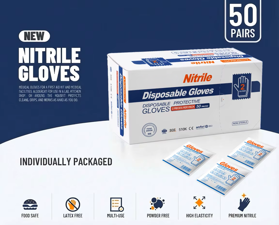 Nitril-Einweghandschuhe – puderfrei, latexfrei, einzeln verpackt (40 Paar)