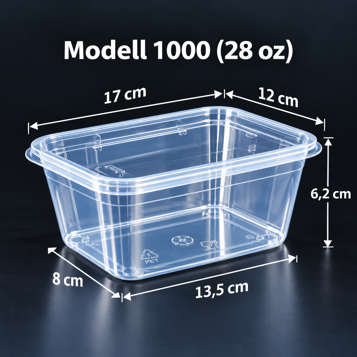 Transparenter rechteckiger Behälter mit Deckel – 1.000 ml