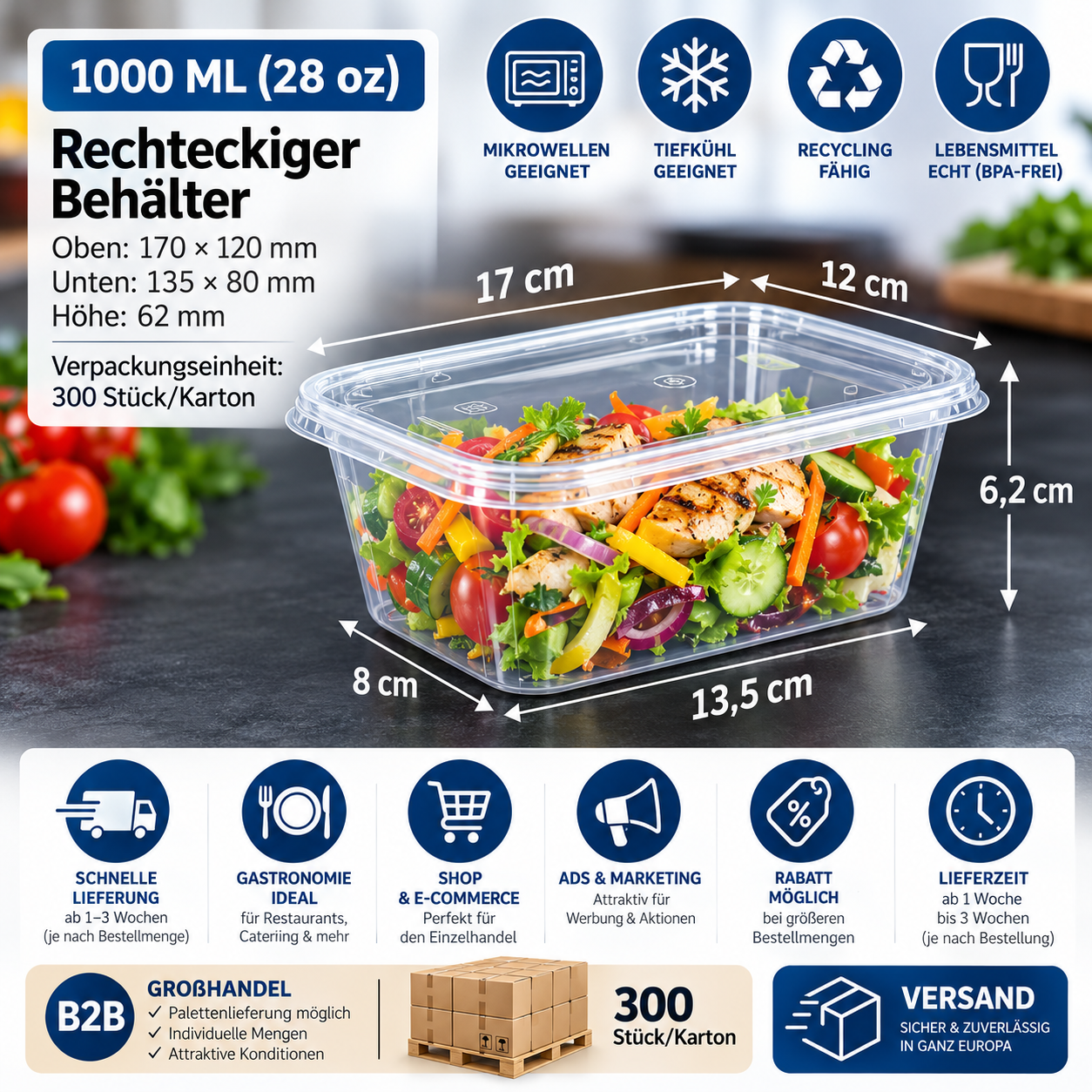 Rechteckiger Lebensmittelbehälter 1.000 ml mit Deckel – transparent