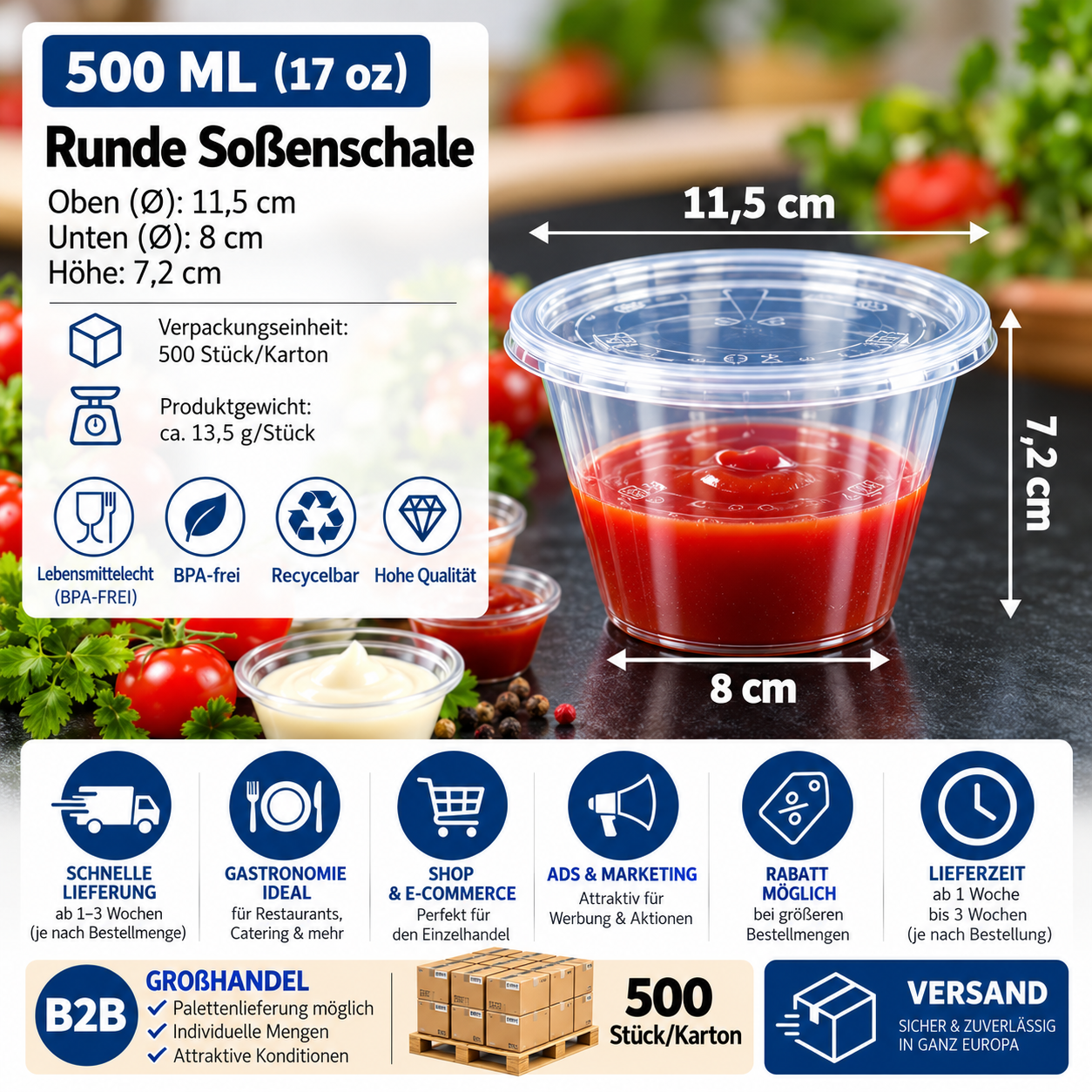 Runde Soßenschale 500 ml – transparent, 500 Stück/Karton