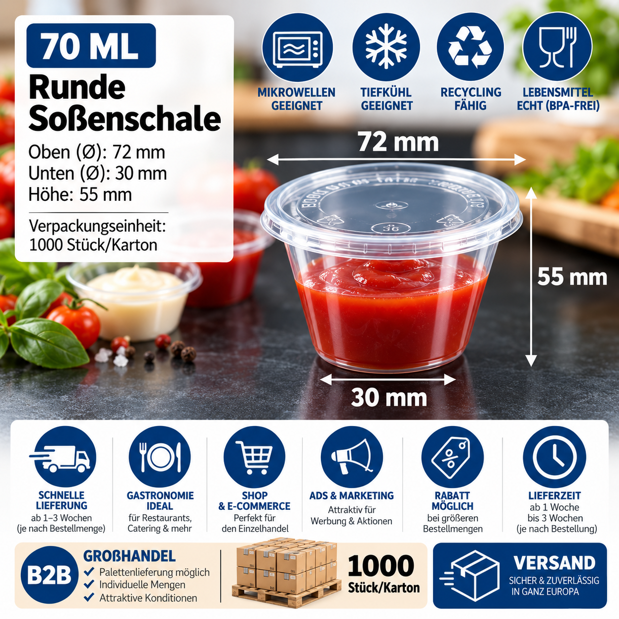 Runde Soßenschale 70 ml – transparent, 1.000 Stück/Karton