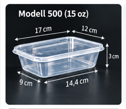 Transparenter rechteckiger Behälter mit Deckel – 500 ml und Maßangaben