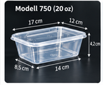 Transparenter rechteckiger Behälter mit Deckel – 750 ml und Maßangaben