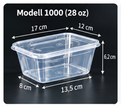 Transparenter rechteckiger Behälter mit Deckel und Maßangaben – 1.000 ml