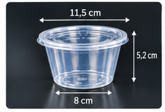 Transparente runde Soßenschale mit Deckel – 115 mm Durchmesser und 52 mm Höhe